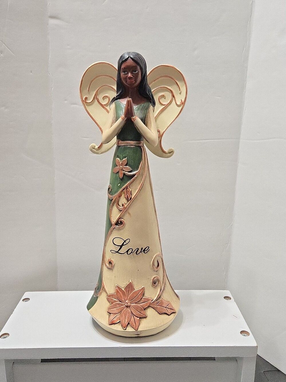 Prayer Ebony Angel Figurine Love script embossed flower cream green gold accents